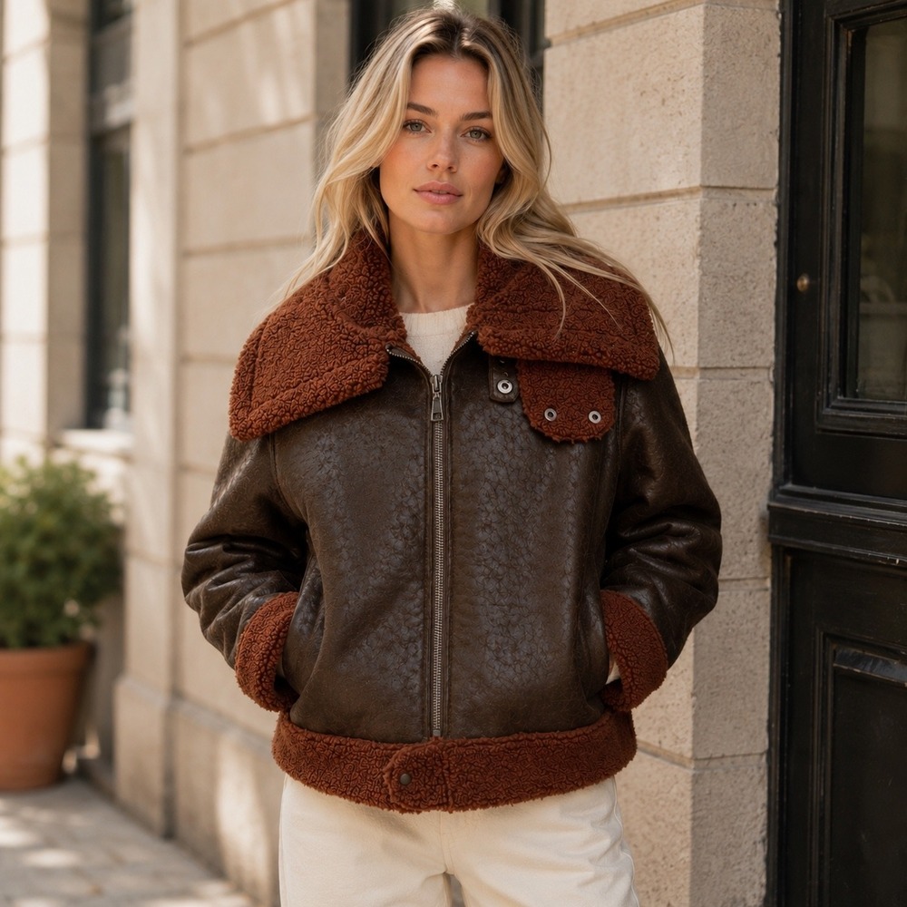 Forever 21 Women's L‎ Brown Faux Leather Sherpa Lined Aviator Jacket